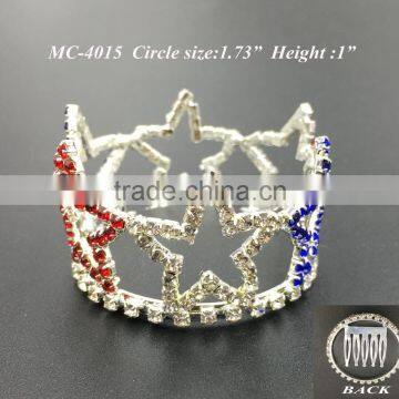 NEW mini round red/white/blue star crystal rhinestone comb crown tiara for kid birthday party Bridal Wedding party(MC-4015)