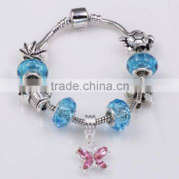 2016 Large Hole Bead Bracelet with Sea Blue Glass Beads and Crystal Butterfly Dangles