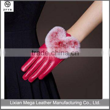 Ladies driving hand made red color leather gloves with rabbit fur lined