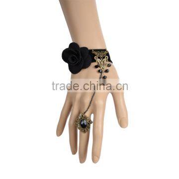 Vintage Jewelry Bridal Gothic Black Rose Flower Bracelet with Ring