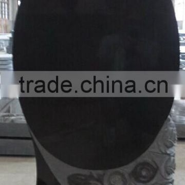 Oval Shaped With Side Rose Carving Shanxi Black Granite Tombstone