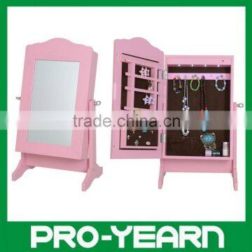 Mini Floor Standing Wooden Furniture Chinese Mirrored Jewelry Cabinet With Wavelike Door Top and LED Lights