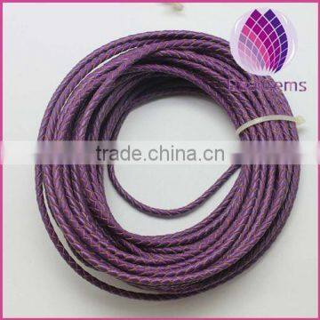 purple color real leather cord 3.0mm braided cord for bracelet