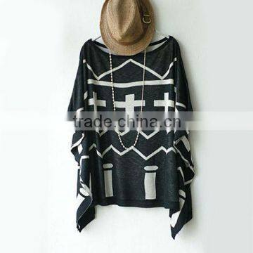 13STC5503 lady crewneck pullover cotton knitted poncho