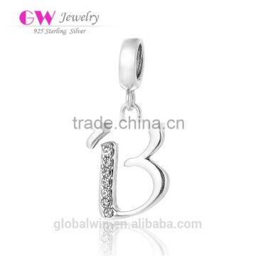 S067B Globalwin 925 Sterling Silver Alphabet Letters B Paved with Crystal Word Charms Pendant