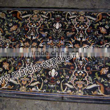 Rectangle Semi Precious Stone Inlay Black With Multi Colors Dinning Table Top