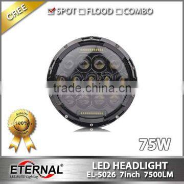 7 inch 75W led headlight for jeep wrangler rubicon off road with dual beam H4 plug halo angel eyes ring