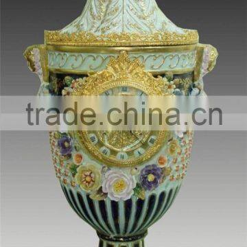 Exquisite Flower and Bird Design Ceramic and Brass Table Clock, Elegant Embedded Urn Jar Table Clock photo-2