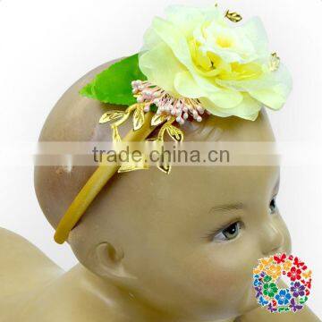 White Rose Flower With Gold Leaf U Shape Baby Hair Band With Flowers photo-4