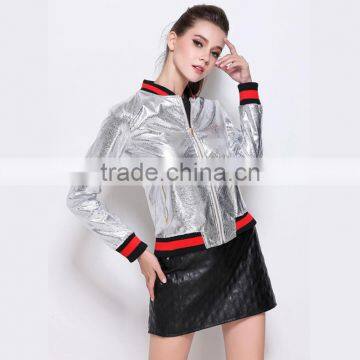 Outerwear Top Autumn High Quality Runway Coats Fashion Stand High Collar Baseball Uniform Silver PU Bomber Jacket Coat