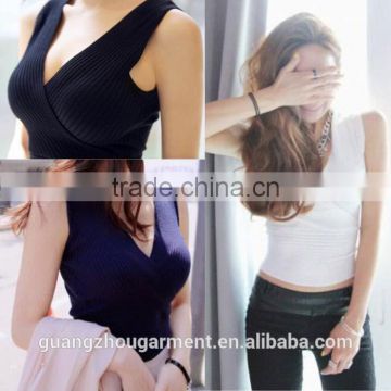 Hot ladies women pub club wear top sexy v neck fitted ribbed sleeveless knitted plain crop tops wholesale 2015