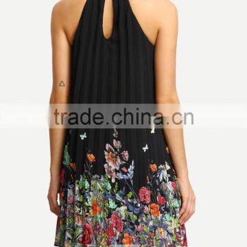 Floral Print Halter Neck Pleated Dress New Fashion Summer Women Dress photo-4