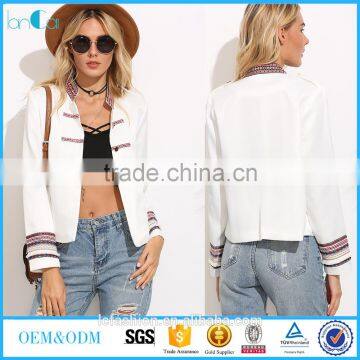 White Applique Band collar Long Sleeve Jacket Winter Jacket