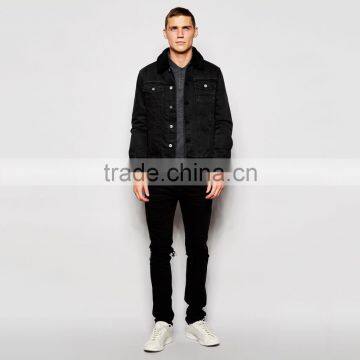 Black Denim Plain Fur Jacket Black Collar Windbreak Overcoat for Men photo-4