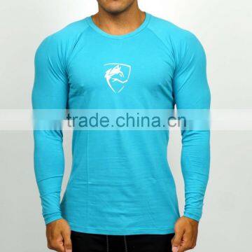 Mens Long Sleeve Performance T Shirt Blue Cotton Spandex Slim Fitted Gym T Shirt Raglan Fitness T Shirt Muscle Fitness Tee