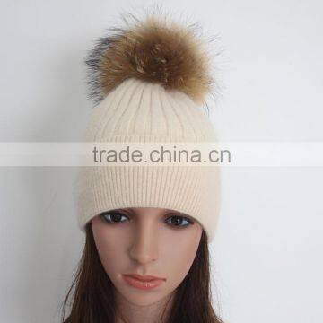 Myfur Wholesale Classic Beige Angola Rabbit Custom Knitted Pom Beanie Hat With Fur Pom