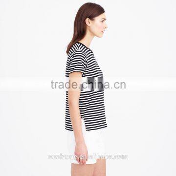 Fashion Rolled Sleeve Stripe Print Women t Shirt Wholesale Factory photo-3