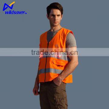 High Visibility Neon Orange Safety Vest with Reflective Strips and LED Light