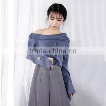 2017 Autumn New Style Chiffon Sexy Collar Diagonal Shoulder Long Sleeve Fashion Blouse Chiffon Shirt photo-3