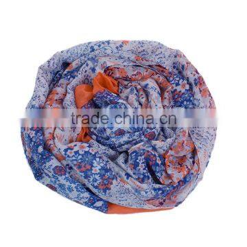 Voile Scarves & Wraps Rectangle Blue Orange Flower Ladies Fashion Scarves photo-3