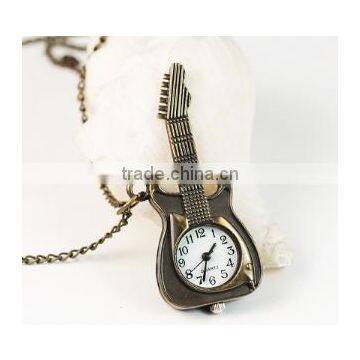 Bronze Tone Guitar Pendant Necklace Watch Pocket Watch With Chain
