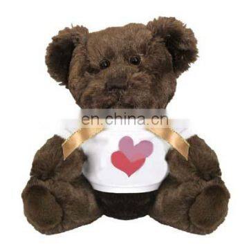 Valentine gift dark brown teddy bear in a White T-shirt with printing pink heart