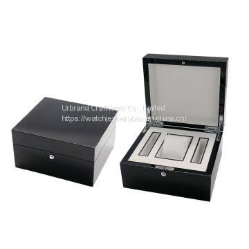 Custom printing logo matte black wooden watch display box with booklet slot wooden engraved mens watch box case