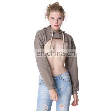 OEM Custom Logo Above Boob Sexy Fashion Organic Cotton Long Sleeve Super Short Hooded Pullover Crop Top photo-3