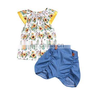 Sunflower Romper Kids Sets Baby Girl  Lace Fly Sleeve Floral Tops Shorts  Clothes Set Drop shipping