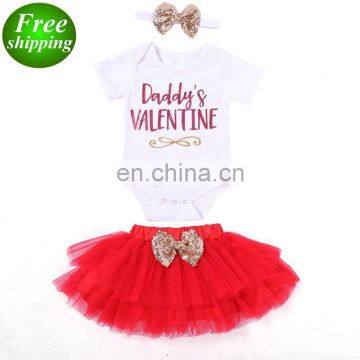 2019 Daddy's Valentine Letter Romper Tops + Tutu Skirt + Headband 3PCS Outfit Kids Clothing Set