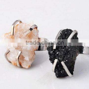 Natural Real Rough Drusy Black Agate Crystal Amethyst Rings Gemstone Ring With Adjustable Metal Women Finger Jewelry photo-3
