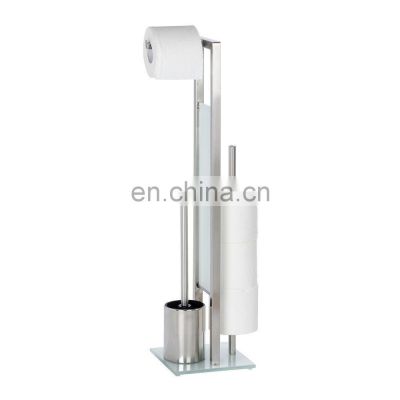 High Quality Rust Proof Standing Toilet Roll Holder Bathroom Stainless Steel Toilet Paper Dispenser with Tempered Glass Base