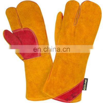 Abalone Style 3 Fingers Warm Fur Lined Yellow Split Cow Leather Welding Work Gloves