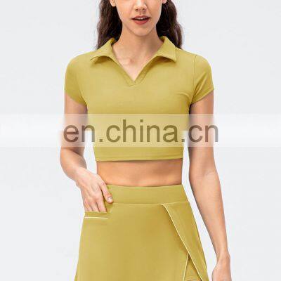 Wholesale Custom Logo Sports Tennins Two Piece Tracksuit Women Golf Gym Fitness Stand Collar Crop Top And Shorts Skirt Suit Set photo-4