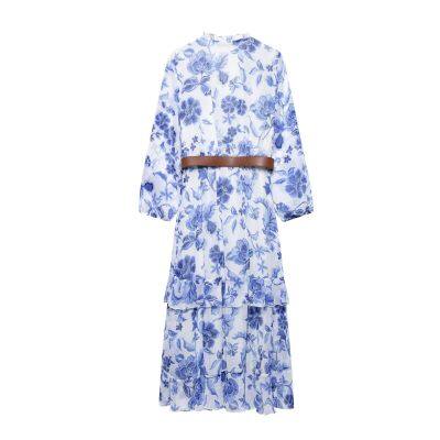 European and American French Style Fashion Belt Printed Midi Dress photo-2