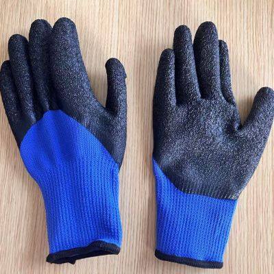 deep blue polyester 7 gauge knitted wrinkled latex palm coated safety work gloves for workers