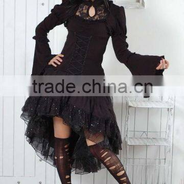Black White Cotton Long Sleeves Ruffled Gothic Lolita Dress 61140