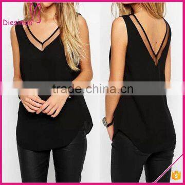 Classic design nice neckline cutout V front chiffon latest fashion blouse ladies