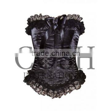 Overbust steel boned corset in black satin with ruffle Ci-1163