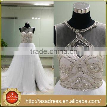 ASAJ-09 Custom made Real Pictures Ball Gown Sequins Beaded Sheer Scoop Neck High Split Wedding Dresses