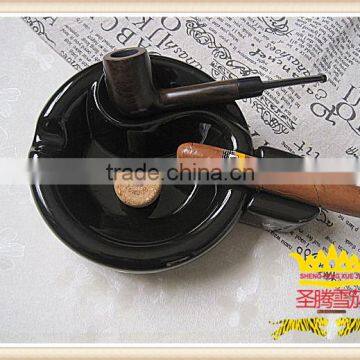 New Black Ceramic Pipe Ashtray Holds 2 PIPE with Cork Knocker