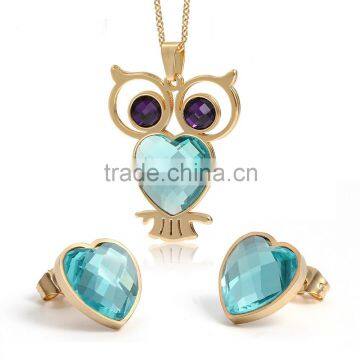 Korea Style Titanium Steel Gold Plated Semi-precias Stone Owl Chain And Earring Sets For Lady