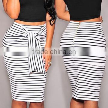 Stylish Ladies Women Sexy High Waist Striped Stretch Bodycon Package Hip Knee Length Skirt