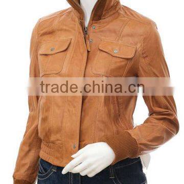 Ladies Leather Jackets & Four Pockets Style With Collar and Rib