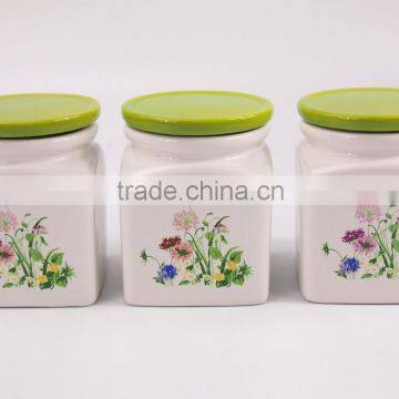 Set of 3 flower printed ceramic kitchen storage spice containers jar