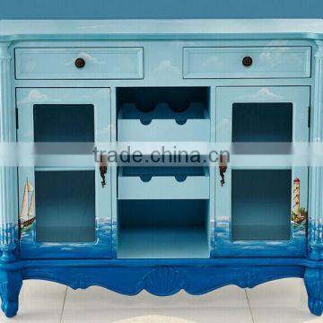 Mediterranean Style Sideboard, Sailing Boat Handpainting Dining Room Cupboard, Wooden Double Door Kitchen Cabinet (BF01-X1150) photo-5