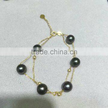 AAA 7.5-8mm Black Japanese Akoya Pearl With Gold Chain Bracelet