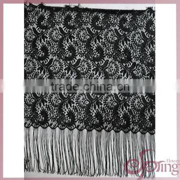 Black Roset Tricot Fabric Lace With Tassel Fringe, Fashion Swiss Lace for Dress photo-5