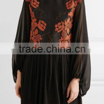 New Style Bohemian Floral Embroidery Design Embroidered Linen And Silk-Chiffon Long Billowy Sleeves Mini Dress 2017 HSD5908 photo-2