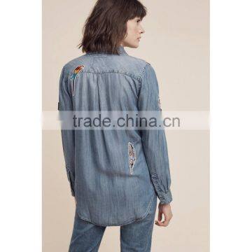 Guangzhou Women Clothes Long Sleeve Patch Embroidery Vintage Denim Shirt photo-4